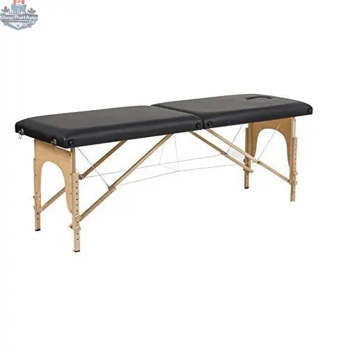 Greenlife Calgary SPORT SIZE portable massage table, 24-inch wide, thick 3-inch padding, wooden frame, armrest, and headrest included.