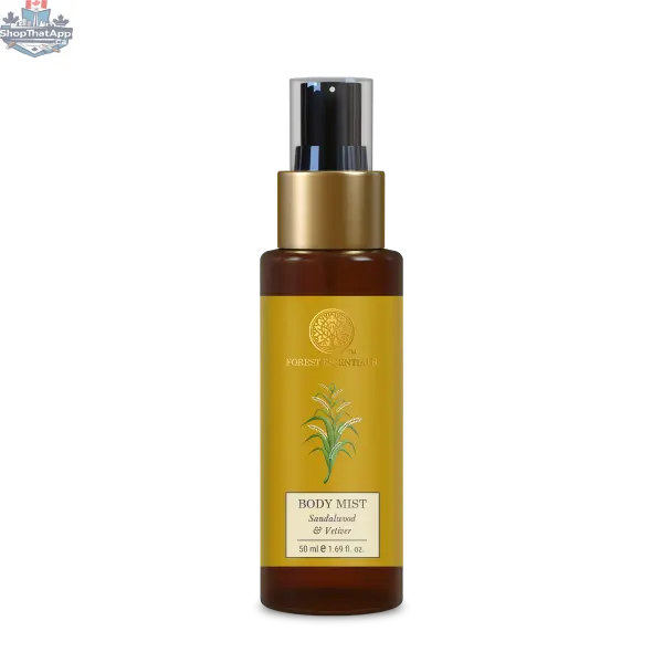 Forest Essentials Sandalwood Vetiver Body Mist 50ml bottle showing the product label and clear liquid inside.