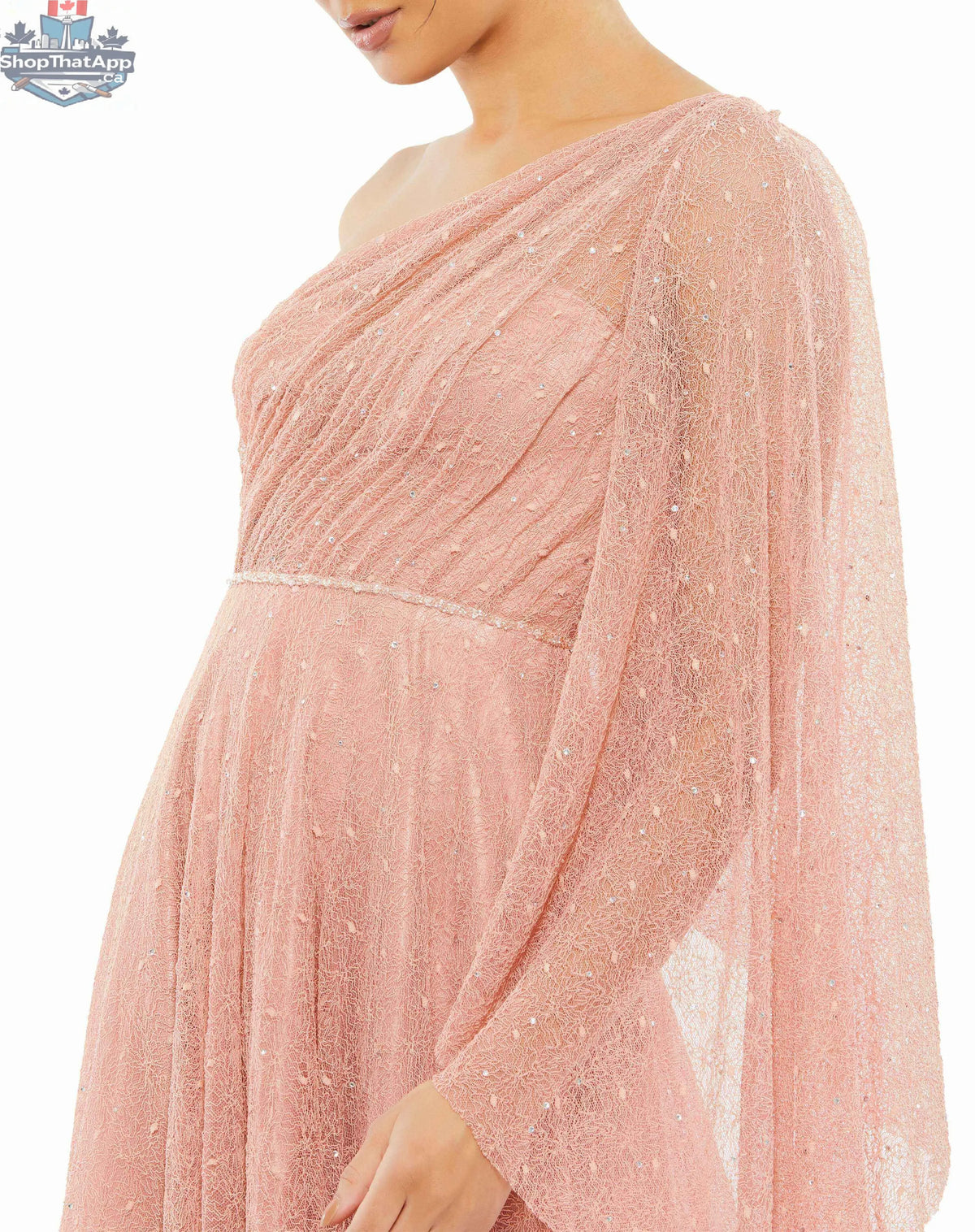 Elegant Threads one-shoulder lace evening gown with bell sleeves, featuring intricate lace details and a sleek silhouette.
