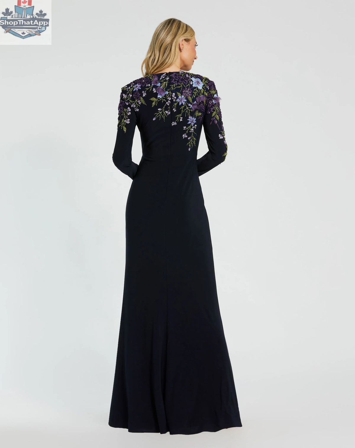 Elegant Threads embellished long sleeve evening gown in midnight black, perfect for elegant occasions and special events.