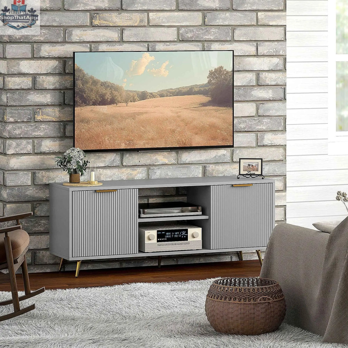 SLOTH Nation Collins modern grey TV stand for up to 55-inch TVs, featuring a sleek design and spacious storage in a living room setting.