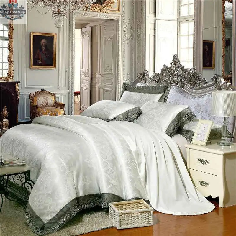 Luxury SLOTH Nation Jacquard cotton bedding set with duvet cover and silk-satin finish bed sheet, four-piece bedroom ensemble.