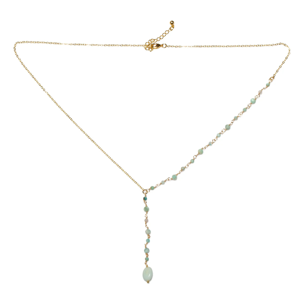 Amazonite glass bead necklace with gold plate drop design by Suzie Blue Canada, featuring blue-green beads and delicate gold accents.