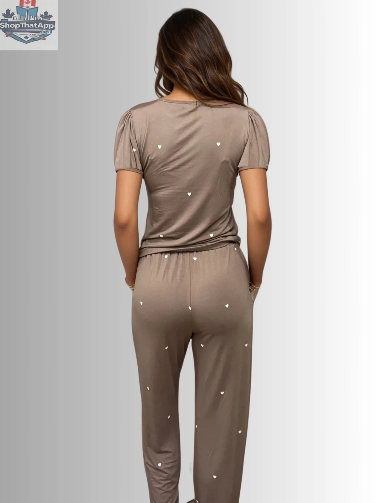 Heartfull PJ – Silky Printed Pajama Set 2PC In Mochacinno Hearts - Shopthatapp.ca