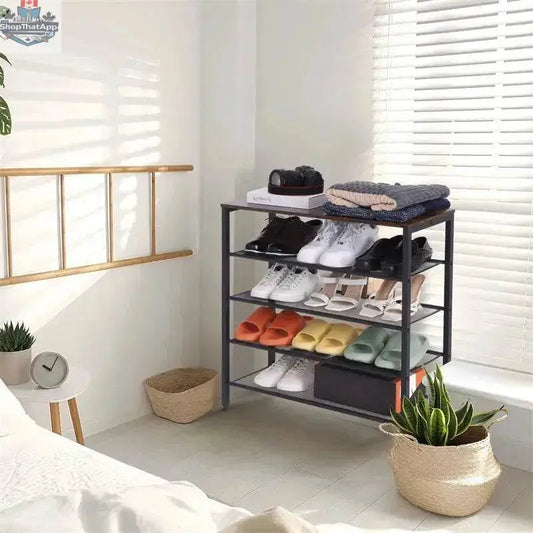4-tier shoe rack for entryway by EX-STOCK Canada, showing organized shoes on a wooden frame in a modern home.