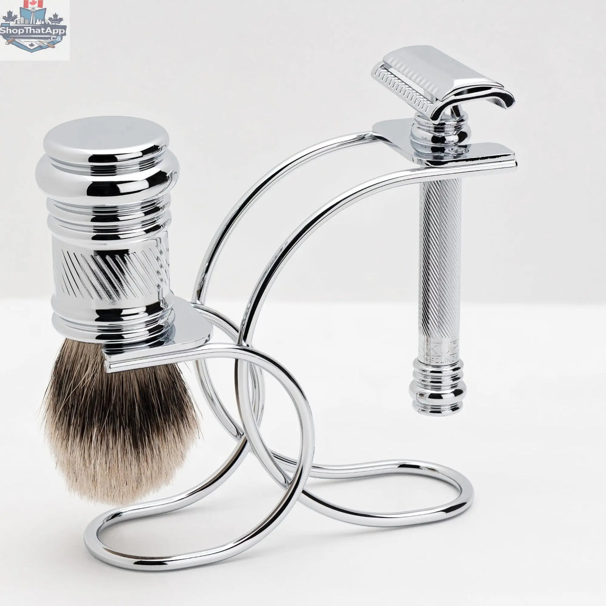 Merkur Shaving Set with MK-39001 Razor, Silver Tip Badger Brush and Curved 3-piece Stand, Chrome - Shopthatapp.ca