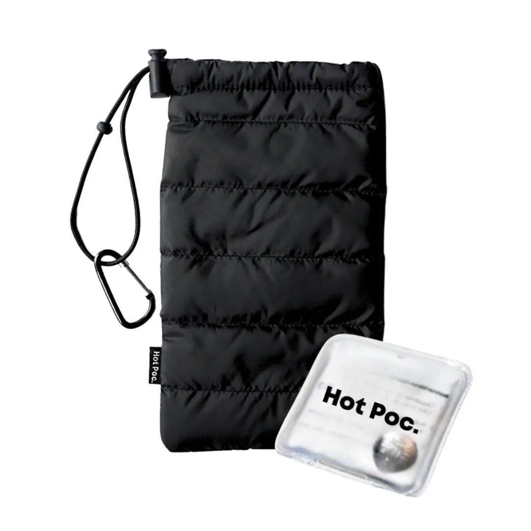 Hot Poc eco reusable heat pack designed for outdoor phone protection, shown in a compact, portable form with vibrant branding.
