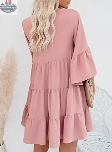 Elegant AILUNSNIKA women’s long sleeve mini dress with V-neck, flowy solid color fabric, perfect for stylish comfort.