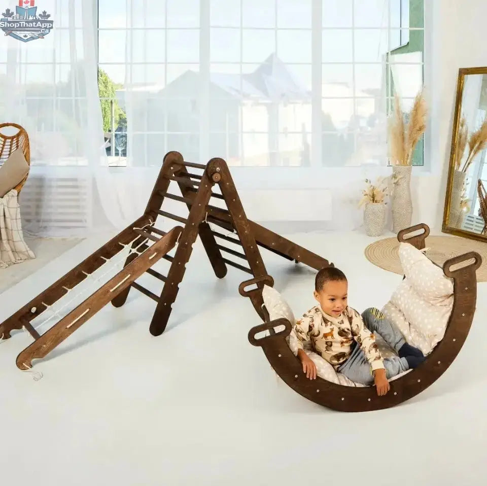5in1 Montessori Climbing Frame Set: Triangle Ladder + Arch/Rocker + Slide Board/Ramp + Netting rope + Cushion - Shopthatapp.ca