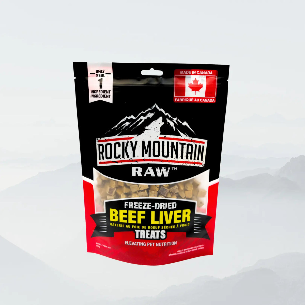 Freeze-dried beef liver treats for pets from ROCKY MOUNTAIN RAW, showing shiny, sliced beef liver pieces in a clear container.