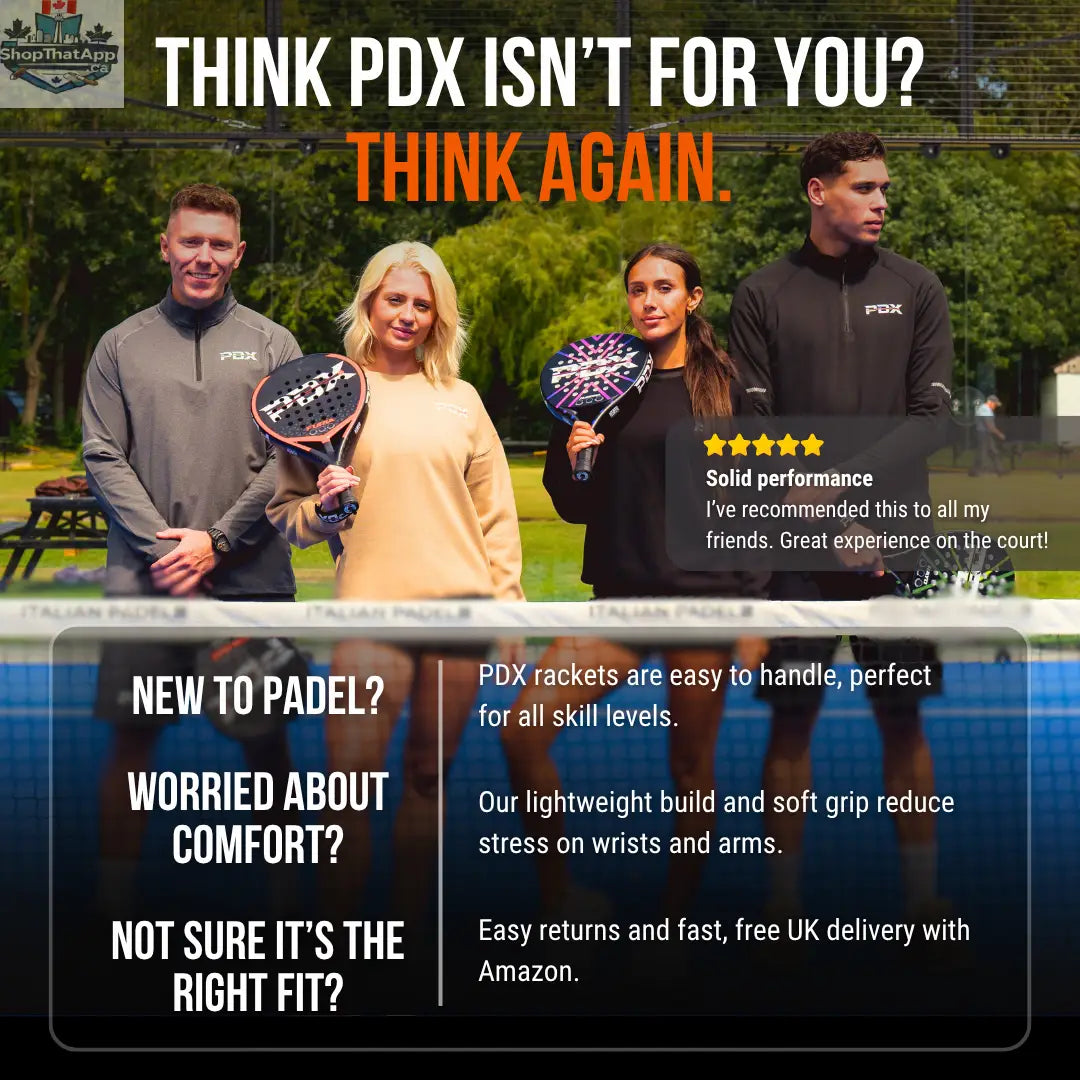 Four people standing on a court holding PDX padel rackets, featuring a customer review and product benefits text.