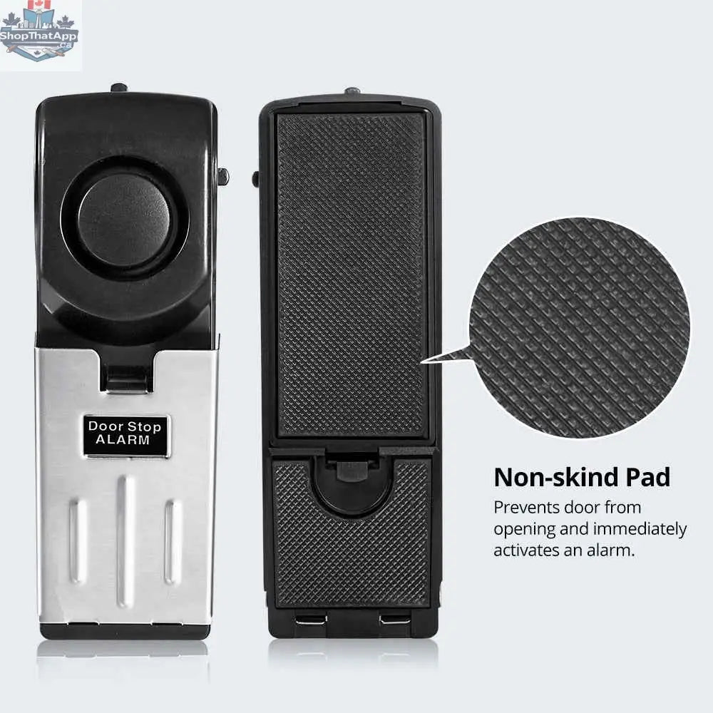 Portable home security door alarm by 777tech, 125dB vibration alarm with door stop for travel safety and enhanced security.