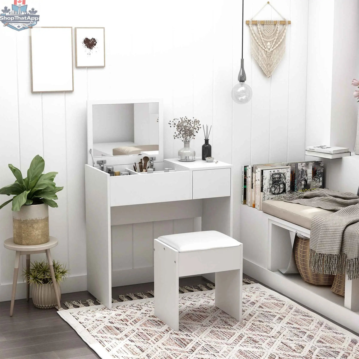 White Mia modern vanity set with flip top mirror and matching stool, bedroom furniture by SLOTH Nation.