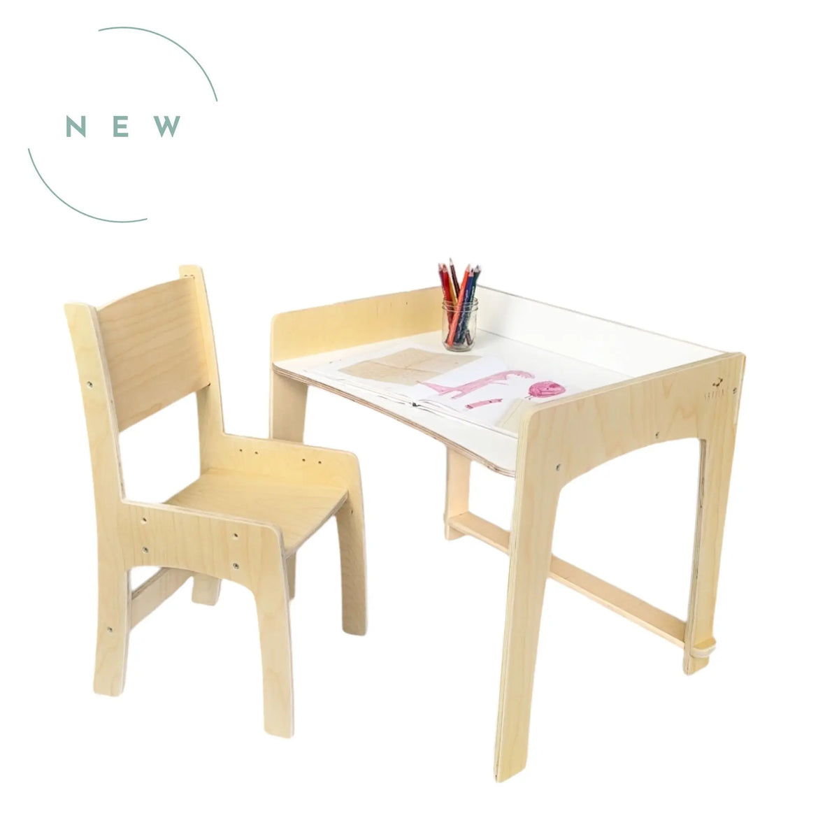 Birch natural LUMEN big kid desk and chair by Sapiens Child, adjustable height study furniture for growing children.