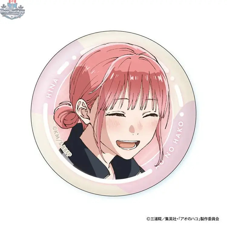 Blue Box Anime Can Badge featuring Hina's face from Doki Doki Land's collectible anime badge series.