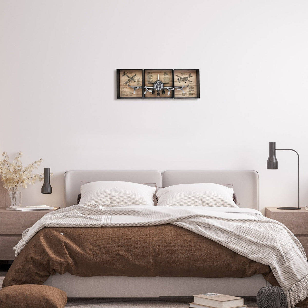 Metallic Vintage Airplane Wall Art with Clock, Set of 3--www.Shopthatapp.ca-Peterson Housewares & Artwares