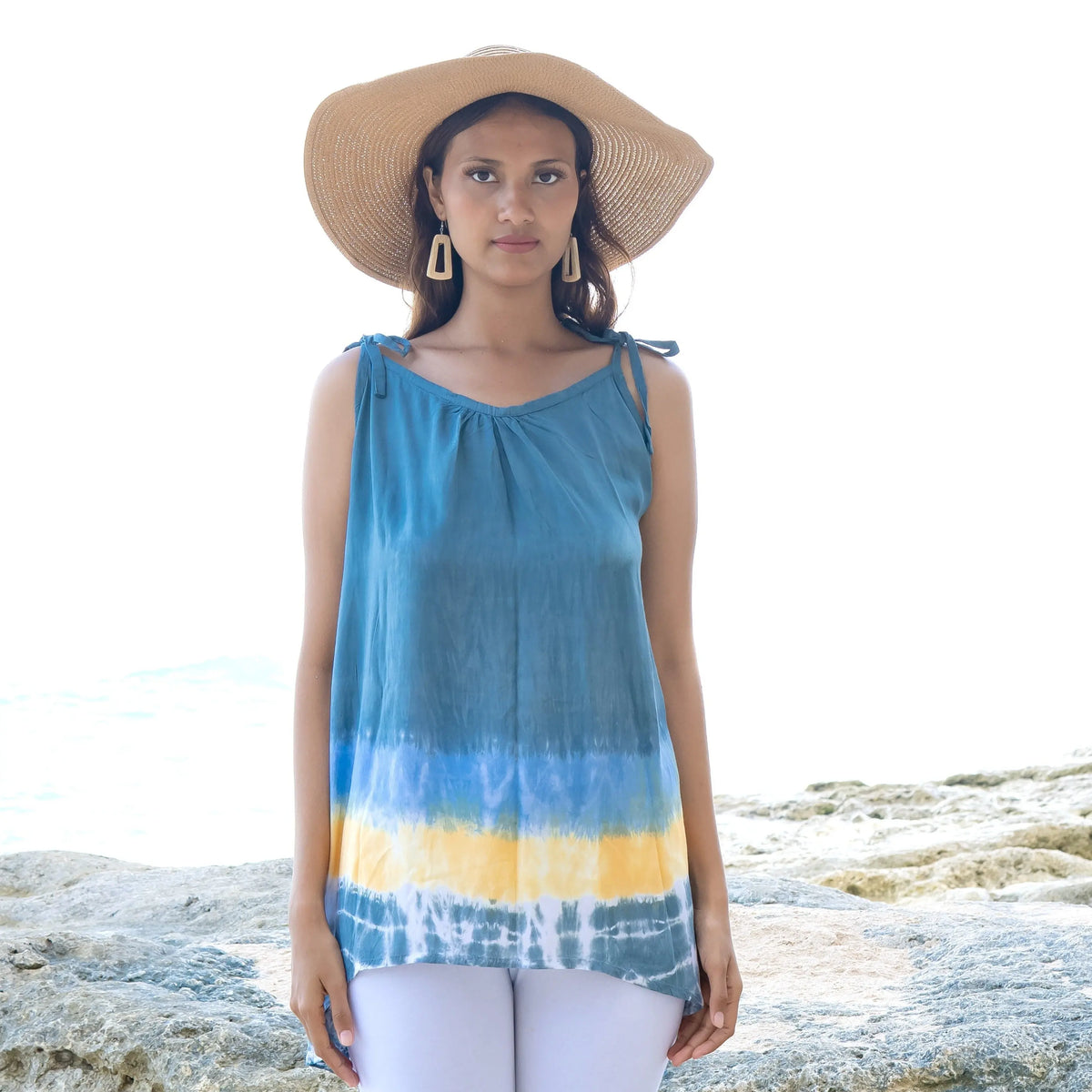Grey beach stripe tie-dye tank top by Suzie Blue Canada, casual sleeveless top with colorful stripe pattern.
