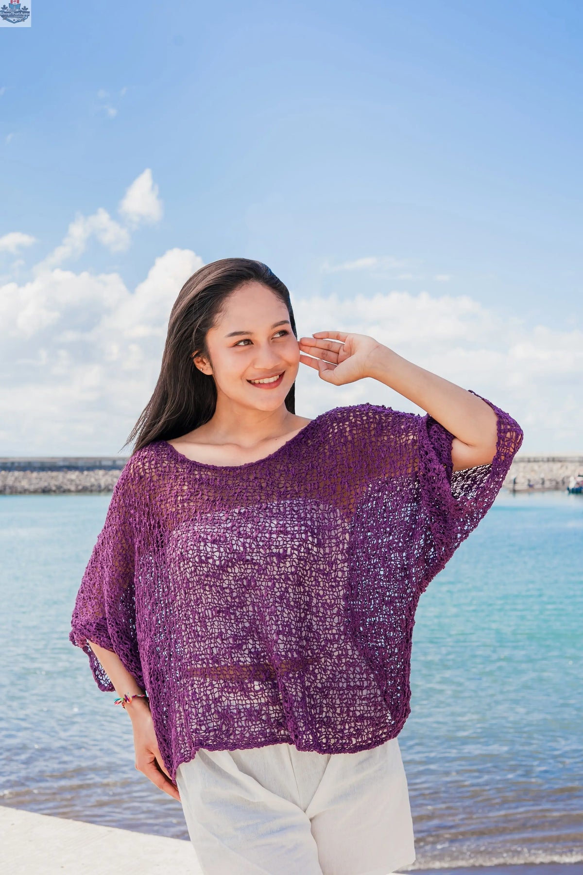 Purple popcorn knit top by Suzie Blue Canada, cozy and stylish knitwear for casual or dressy occasions.