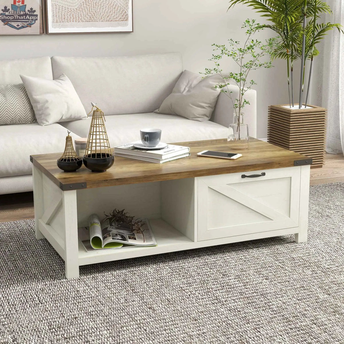 SLOTH Nation Lowen farmhouse coffee table with wooden surface and sturdy legs, ideal for living room decor and functional style.