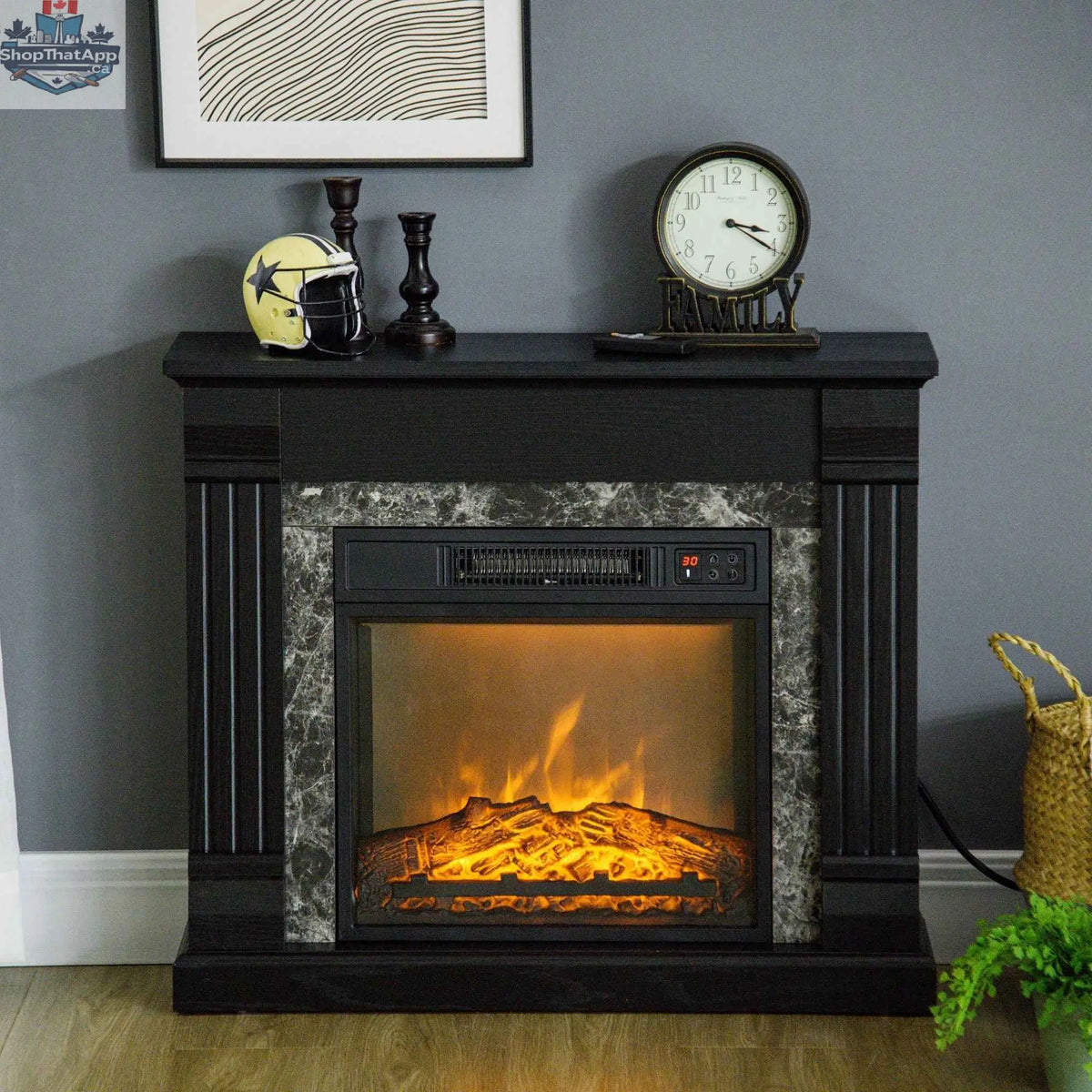 Easton electric fireplace heater with black wood surround, freestanding design, and overheating protection by SLOTH Nation.
