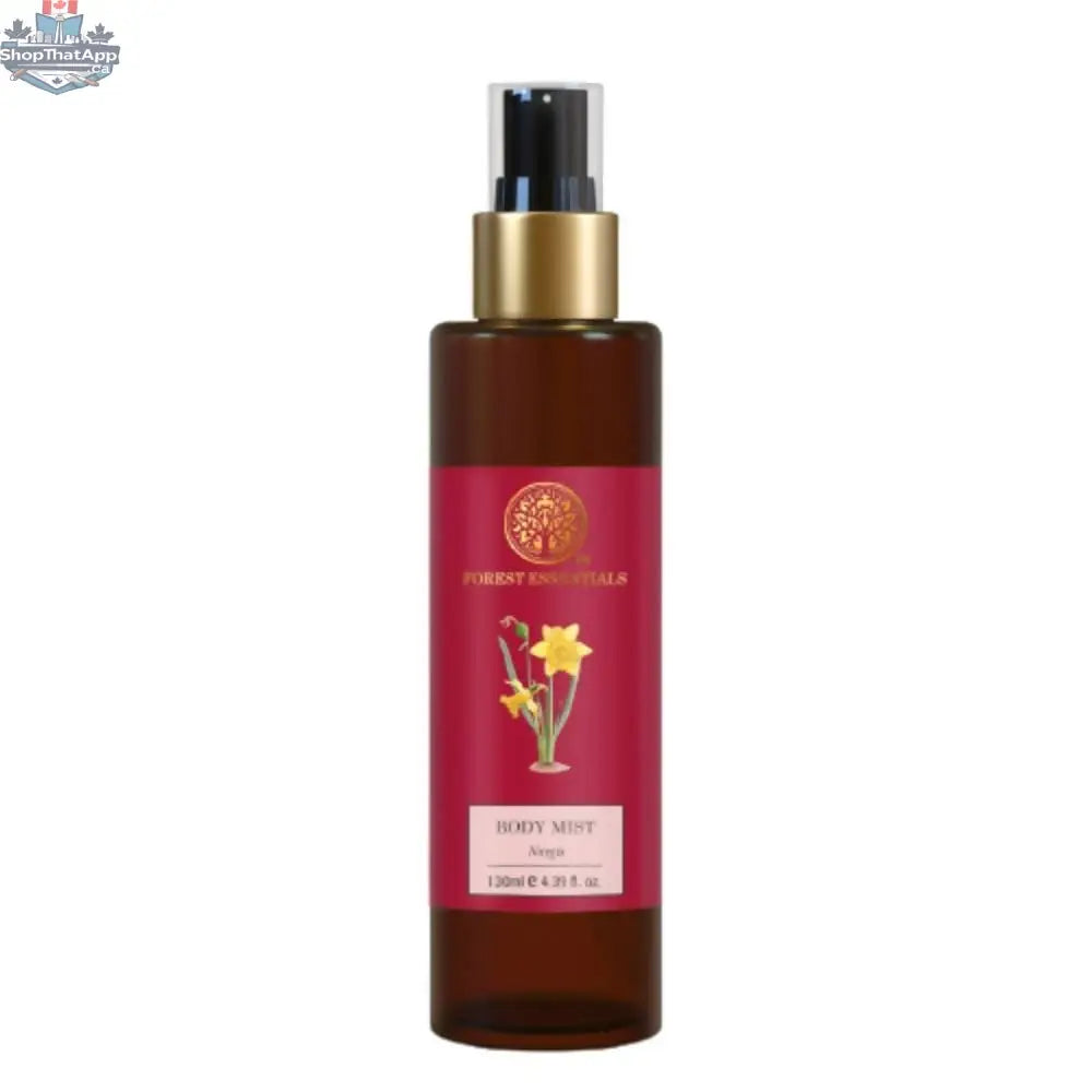 Forest Essentials Nargis Body Mist in a sleek spray bottle, showcasing the refreshing fragrance for all-day serenity.