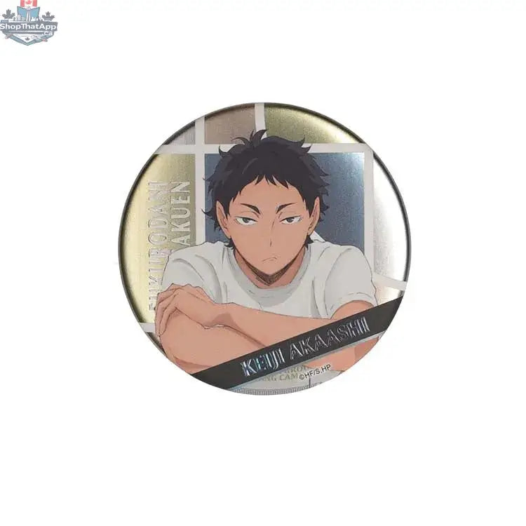 Haikyu!! Can Badge featuring Keiji Akaashi from the 2016 joint practice session, 75mm collectible anime merch by Doki Doki Land.