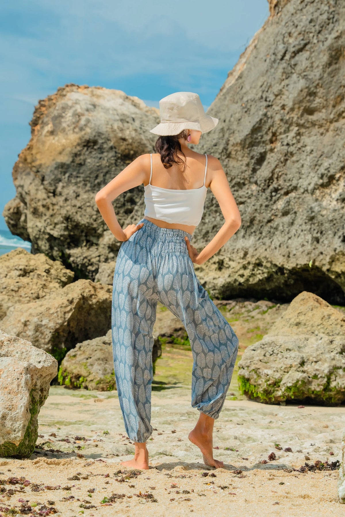 Grey and white leaf print Bali pants by Suzie Blue Canada, featuring relaxed fit and lightweight fabric for casual wear.