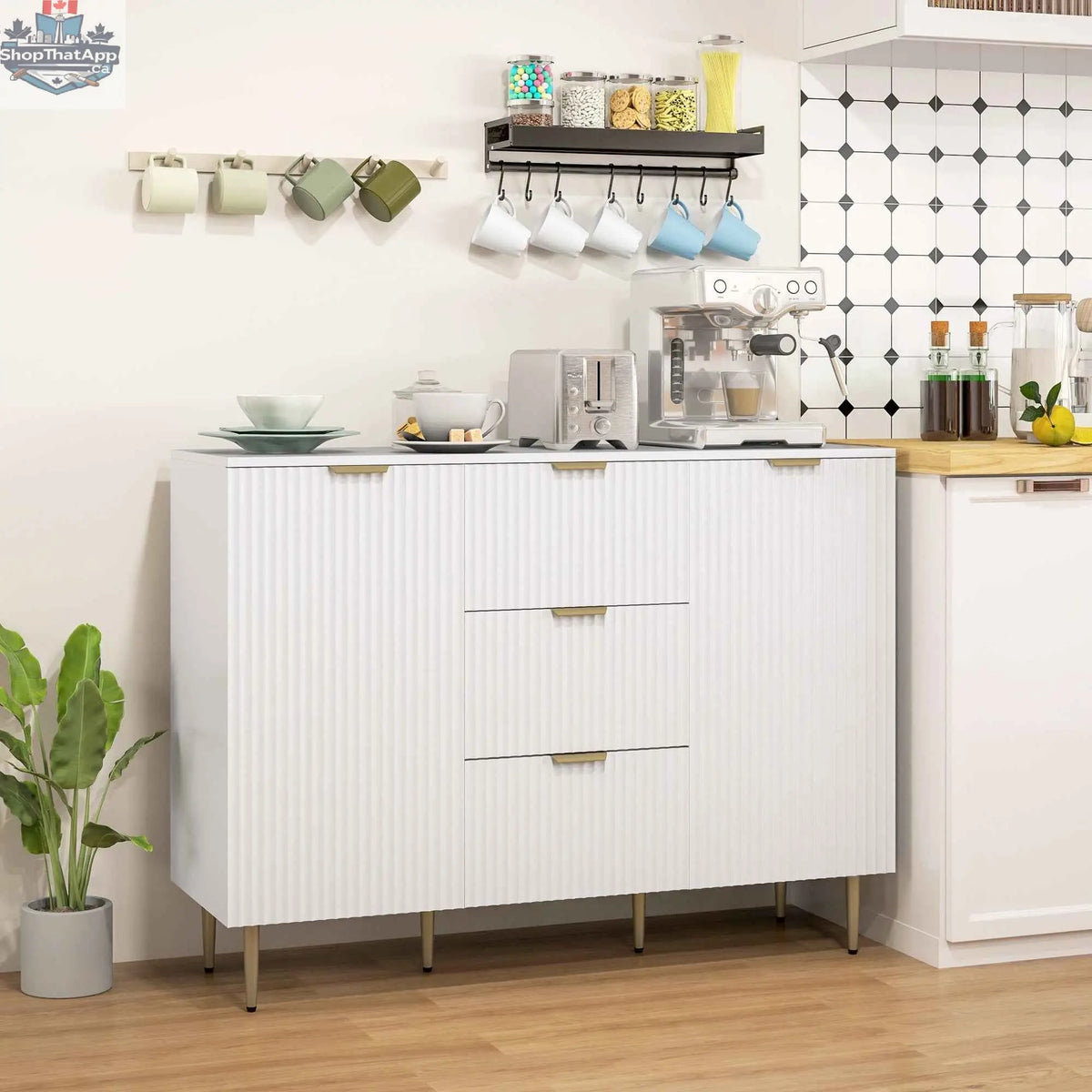 White Ellis modern kitchen cabinet with three drawers, stylish buffet or hallway storage by SLOTH Nation.