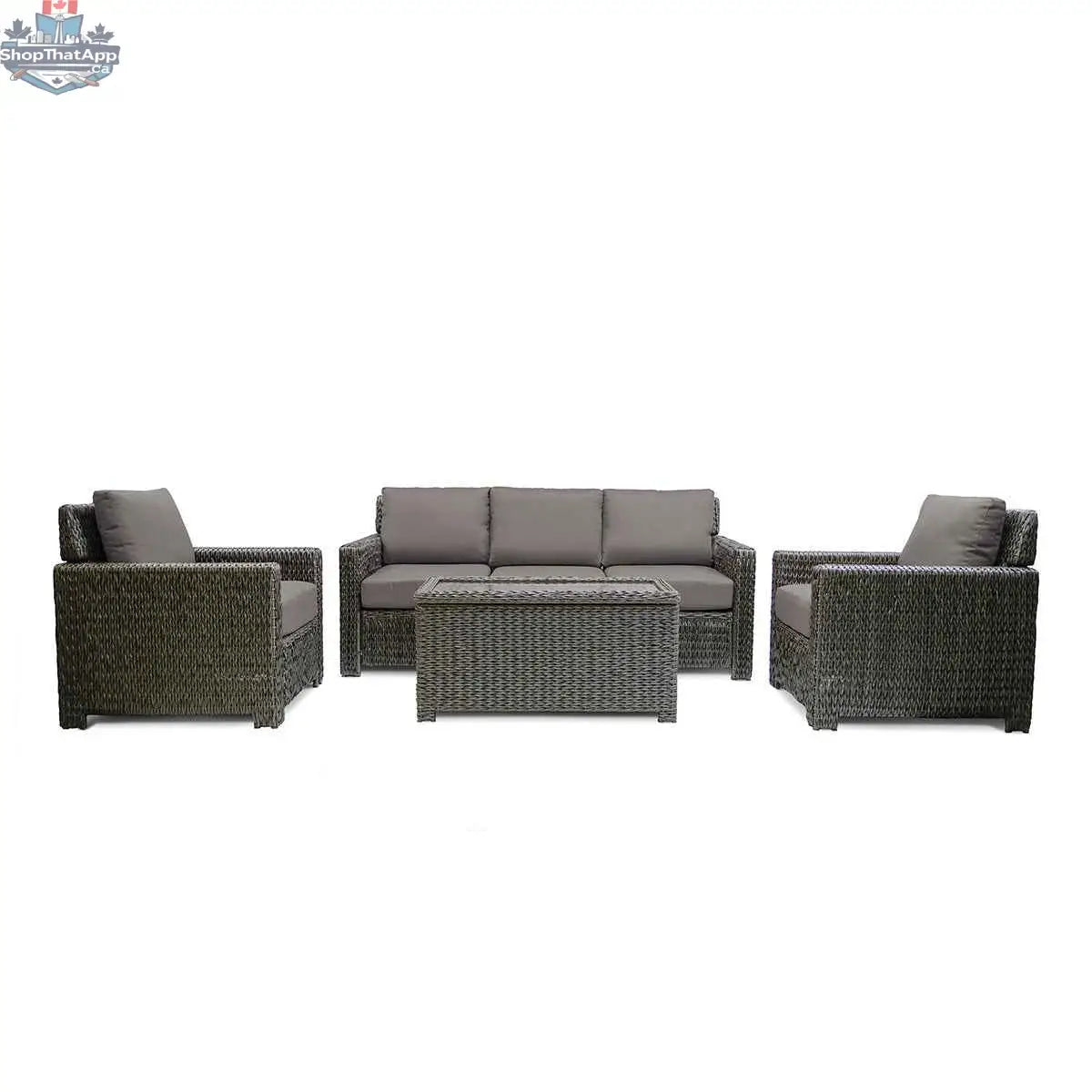 Krikacy Laguna Point outdoor wicker conversational set with brown cushions and slate-colored wicker, includes four pieces for patio relaxation.