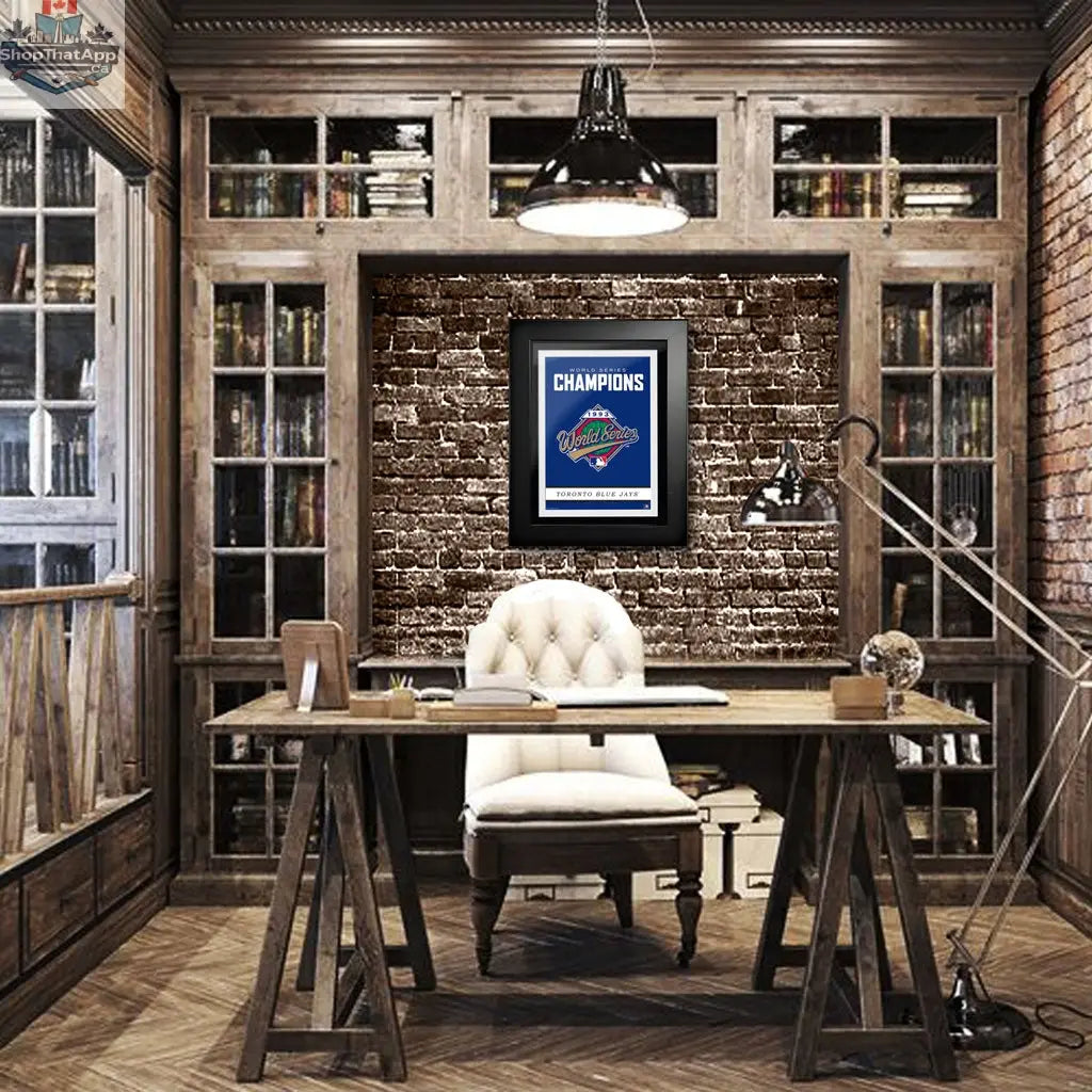 Toronto Blue Jays framed wall art featuring the 1993 World Series logo, perfect for MLB fans and sports decor.