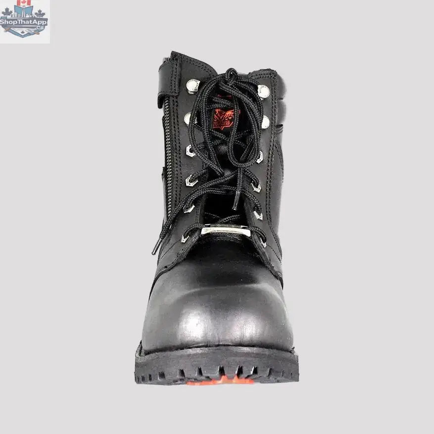 Milwaukee men's motorcycle boots with 6-inch side zip and laces, offering comfort and protection for riding.