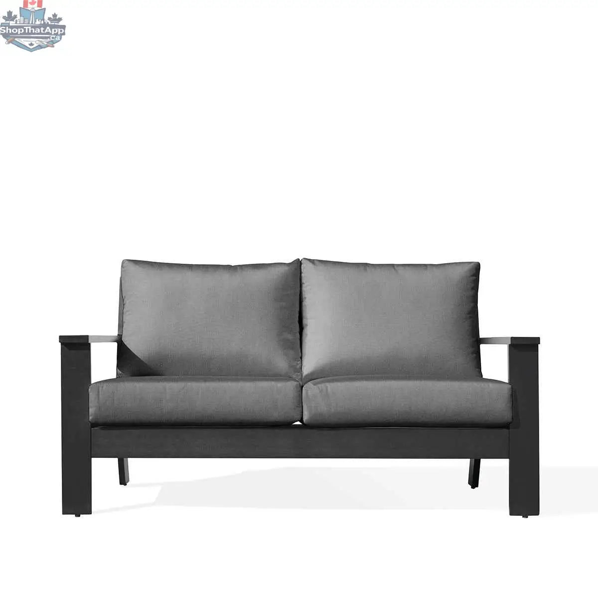 Magnolia black aluminum loveseat by Krikacy with Sunbrella® cushions, front view showing sleek design and fabric texture.
