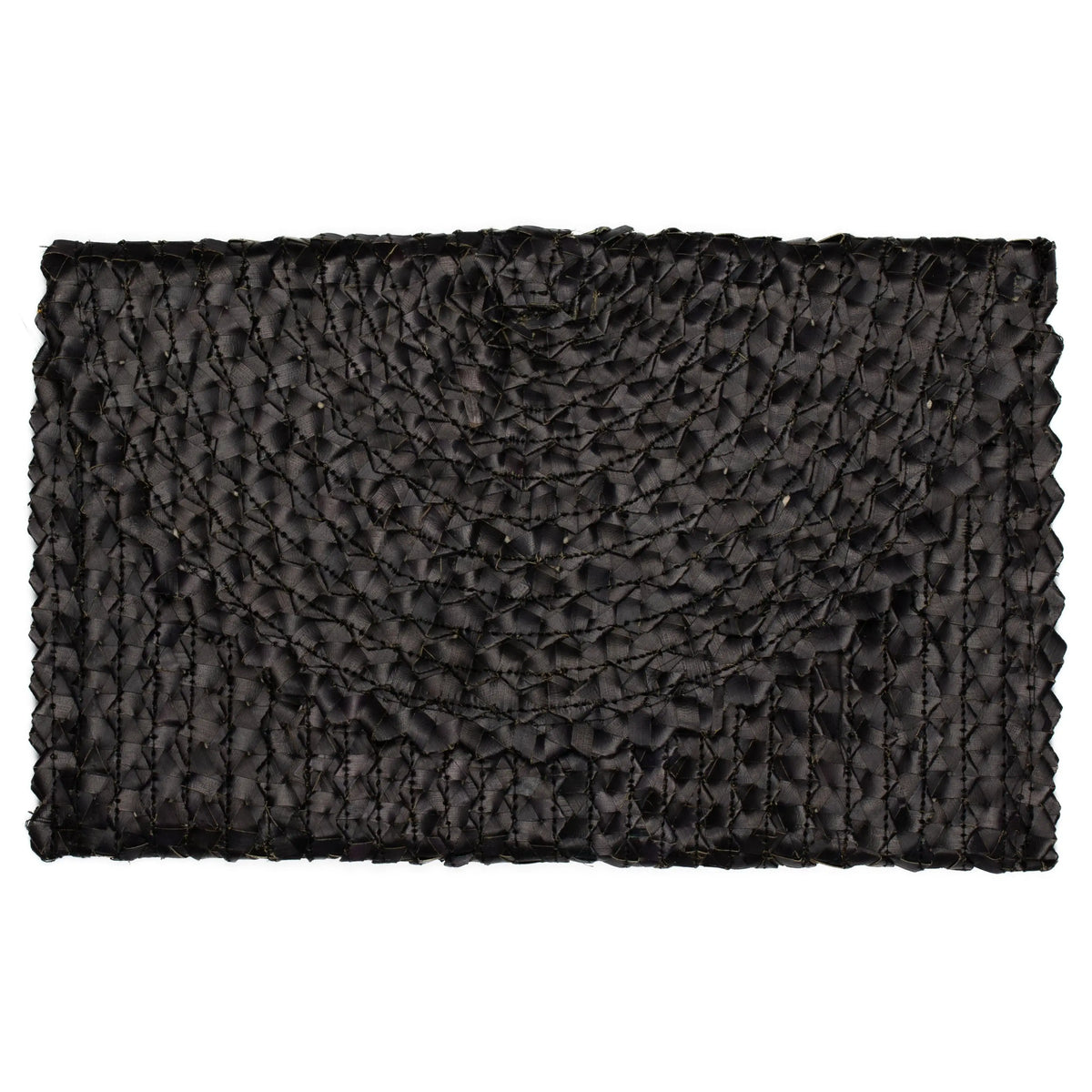 Black pandan leaf clutch purse by Suzie Blue Canada with a sleek, textured design and compact, stylish shape.