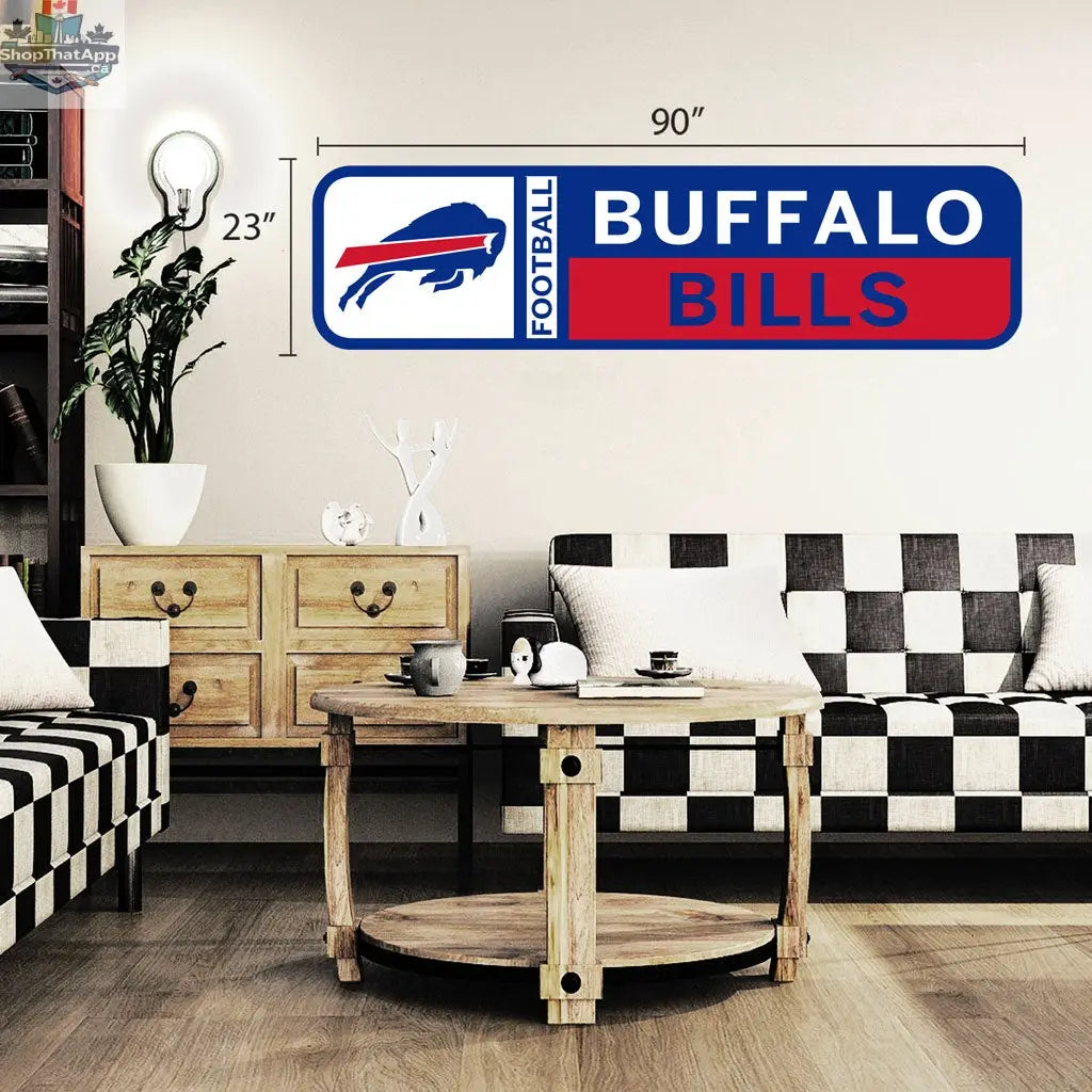 Buffalo Bills wall decal measuring 23x90 inches, featuring team logo and colors, ideal for sports room decor.