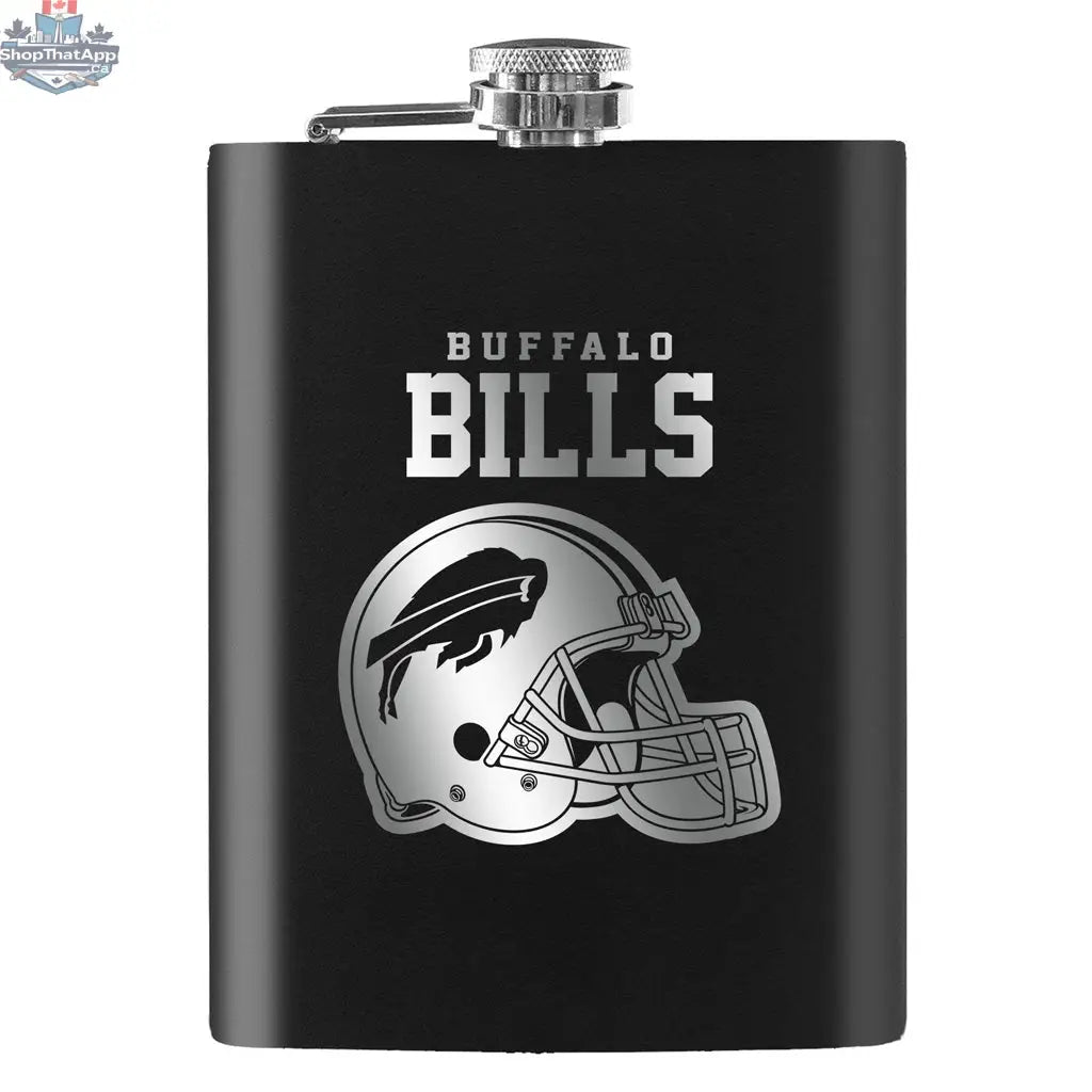 Black 8oz Buffalo Bills laser-etched NFL Flask, sports-themed drinkware with team logo for fans and collectors.