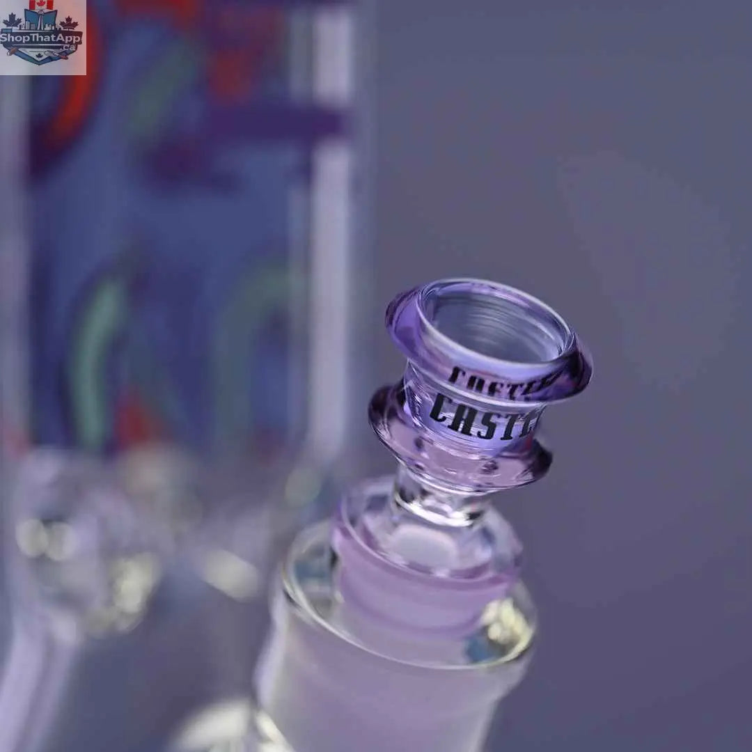 Close-up of Castle Glassworks 16-inch octopus beaker bong with purple background, showcasing thick 9mm glass and detailed octopus design.