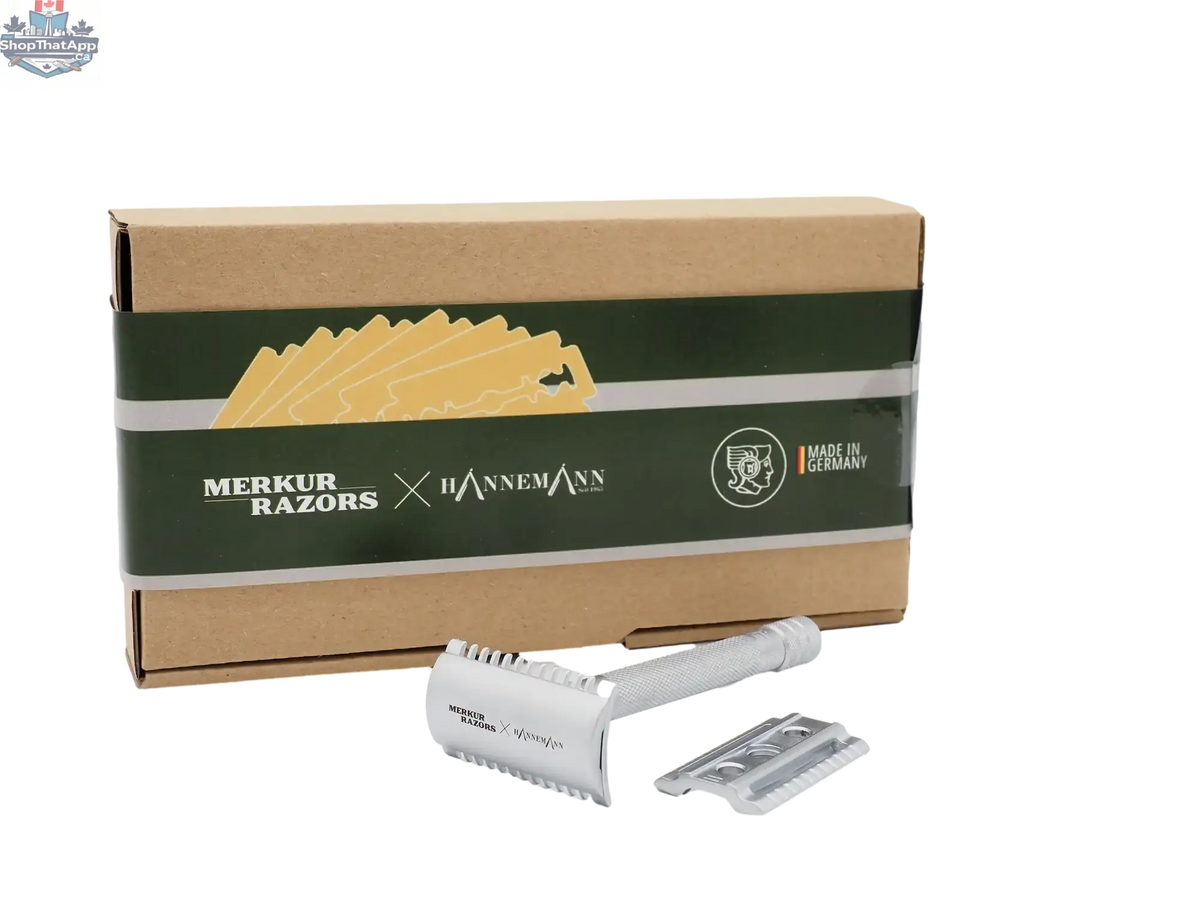 Merkur 34C Safety Razor - 3-Piece DE Razor with Open Tooth Comb and Knurled Extra Long Handle in Matte Chrome - Shopthatapp.ca