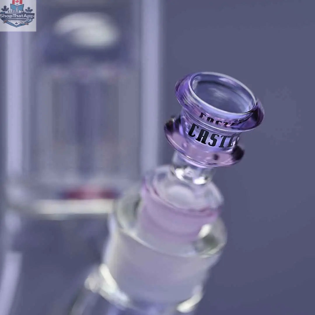 Close-up of purple 8-arm beaker bong by Castle Glassworks, 14-inch water pipe with detailed glass design and bowl attachment.
