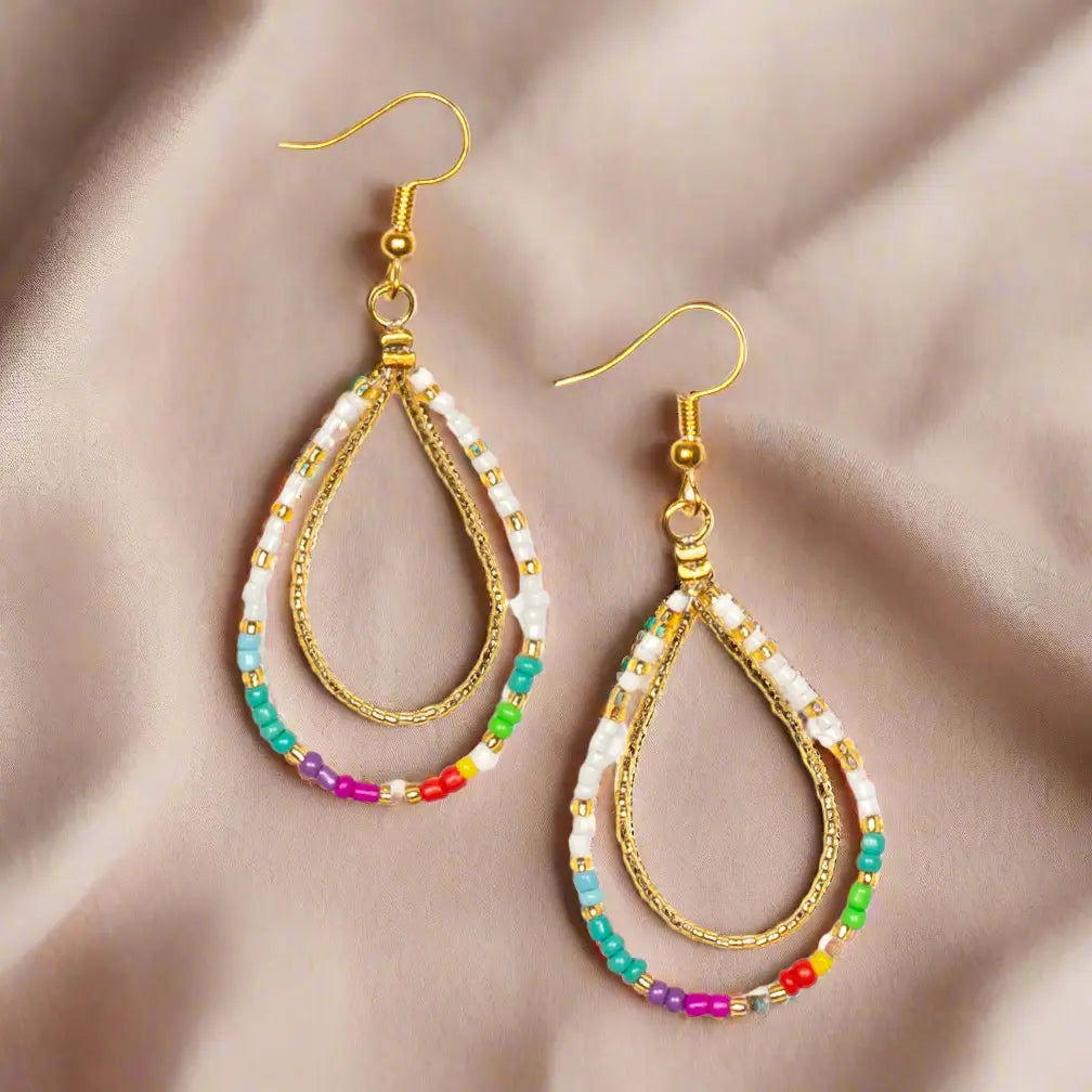 Vibrant multi-colour bead earrings by Suzie Blue Canada, featuring colorful beaded design perfect for stylish accessories.