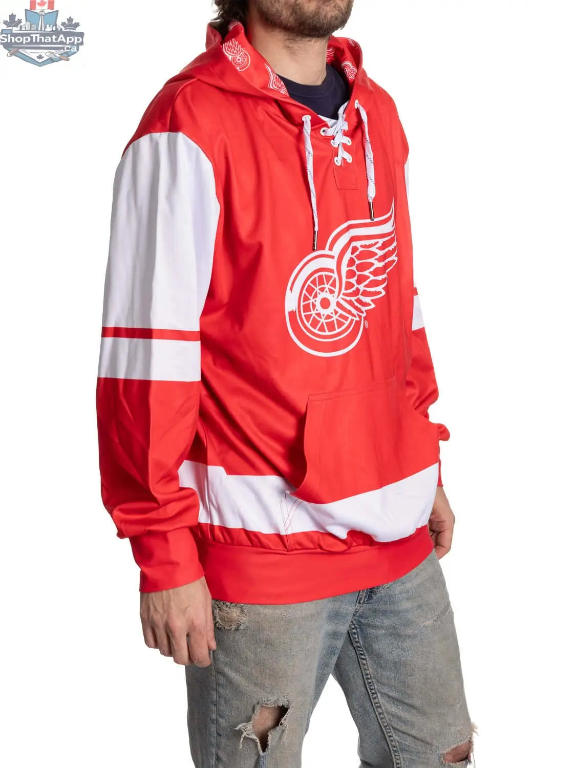 Red Detroit Red Wings hoodie with lace design, by Calhoun Surf N' Skate, showing side view with team logo and vibrant red color.