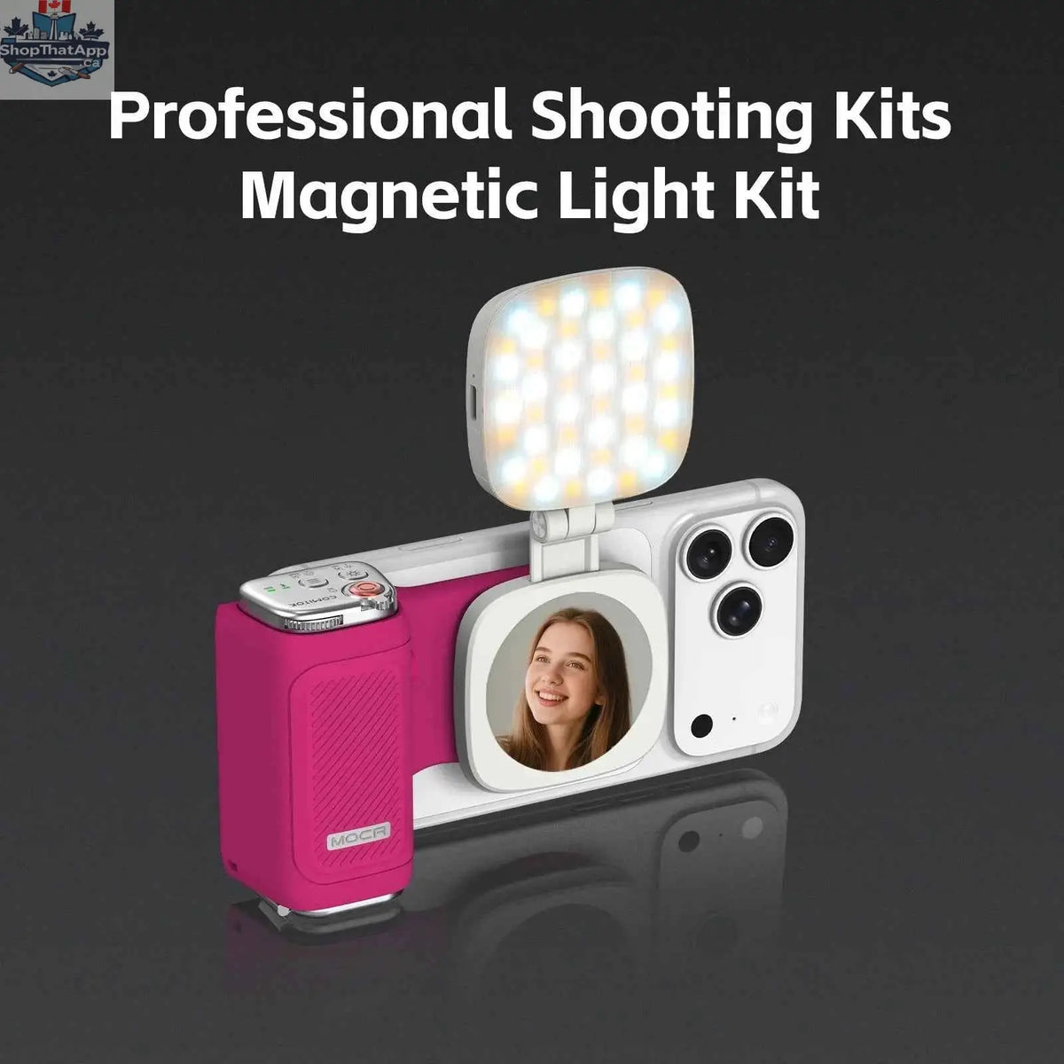 COMITOK MOCA iPhone shooting grip by 777tech with detachable Bluetooth remote, fill light, mirror, and DSLR shutter focus lock.