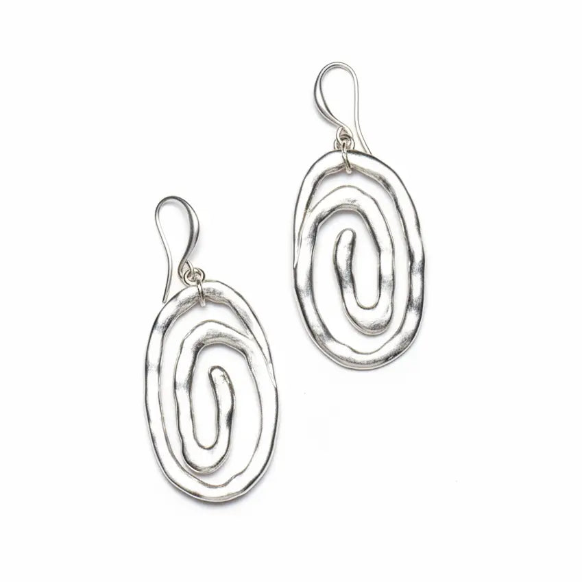 Silver plate swirl pendant earrings by Suzie Blue Canada featuring elegant, flowing design for sophisticated jewelry style.