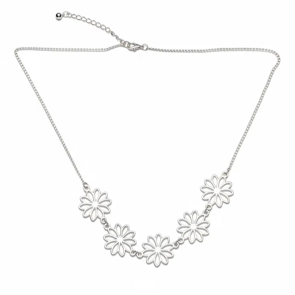 Silver plated Five Flower Necklace by Suzie Blue Canada featuring elegant floral charms on a delicate chain.