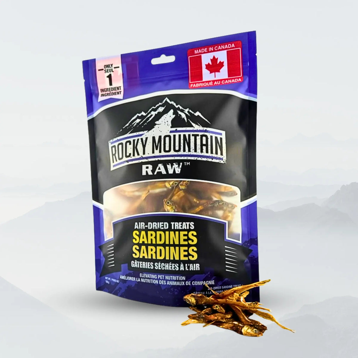Large front view of Rocky Mountain Raw air-dried sardine treats for pets, showcasing the whole dried sardines.