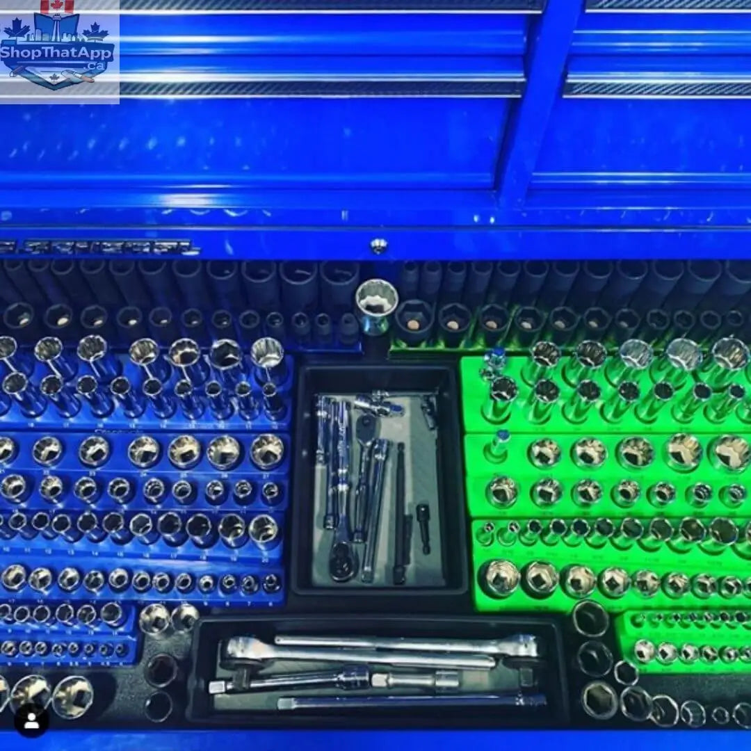Two-row magnetic socket holders for 1/2 drive click torque wrench by Olsa Tools Canada, designed to organize socket sets efficiently.