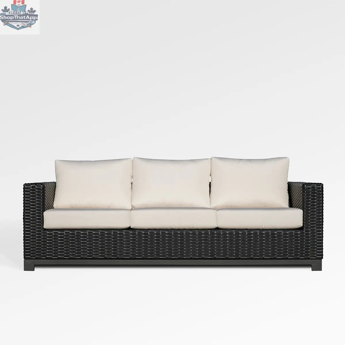 Enclover Trillium sofa with Sunbrella cushions, showcasing its stylish design and plush comfort for modern living spaces.