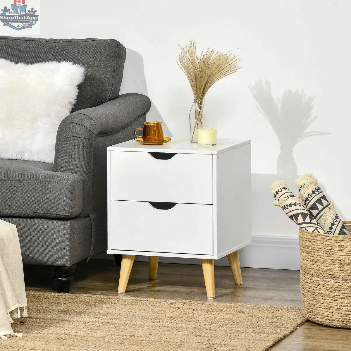 White Jesse nightstand with two drawers and pine wood legs, modern bedroom furniture by SLOTH Nation