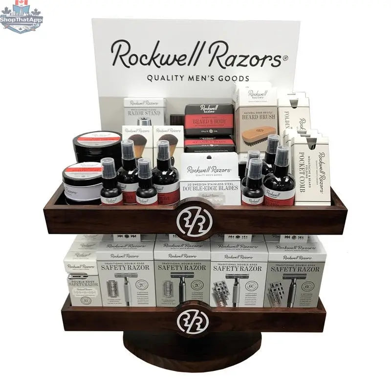 Rockwell Razors Grooming Supplies with Two-Level Wood Display for Shave and Beard Care - Shopthatapp.ca