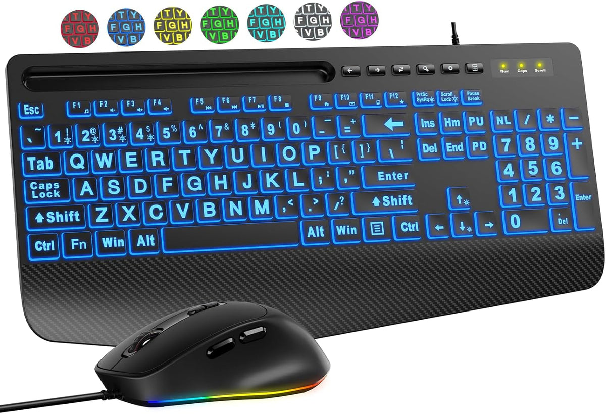 Wired Keyboard Mouse Combo – Large Print Backlit with Ergonomic Wrist Rest & 6-DPI RGB Mouse--www.Shopthatapp.ca-ebasketonline