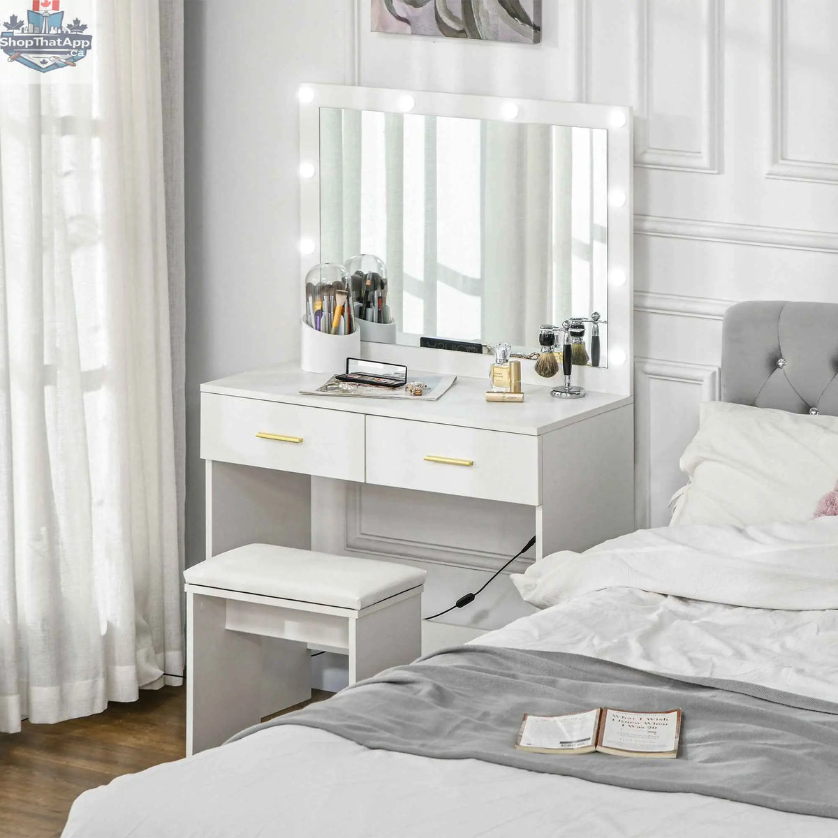 Olivia vanity desk set with white finish, matching stool, and LED mirror lighting, bedroom furniture by SLOTH Nation.
